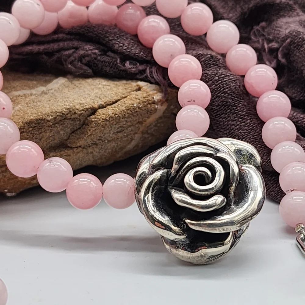 Roses Quartz Genuine Necklace 925 Sterling Silver Rose Pendant Unique Design
